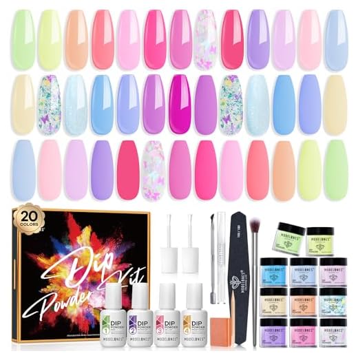 Modelones 32 Pcs Dip Powder Nail Kit Starter, 20 Colors Spring Pastel Macaron Pink Baby Blue Green Acrylic Dipping Powder System Liquid Set with Base Top Coat Activator for French Nail Art All-in-One Manicure DIY Salon Gift