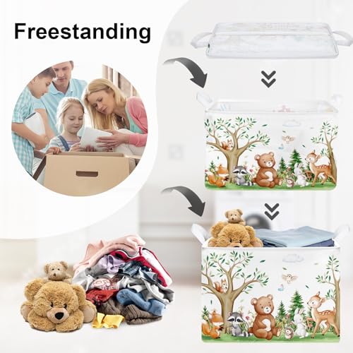 HUUMONSS Süßes Waldtier Groß Wäschekorb Baum Laub Stoff Aufbewahrungskorb Kleidung Spielzeug Aufbewahrungsbox für den Heimgebrauch/den Außenbereich, Bär, 36L