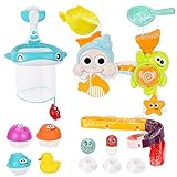 【Perfekte Geschenke】Das Wasserspielzeug enthält 5 * Montageschiene, 1 * Haikorb, 3 * Saugnapf, 3 * süße undichte Kugel, 2 * rotierendes Rad, 1 * kleine gelbe Ente, 1 * undichte Tasse, 1 * Kammspielzeug, 1 * undichte Schaufel, 2 * Wasserbombe. Kinder werden dieses Badewannenspielzeug lieben, großartige Geschenkspielzeuge für Kinder.
