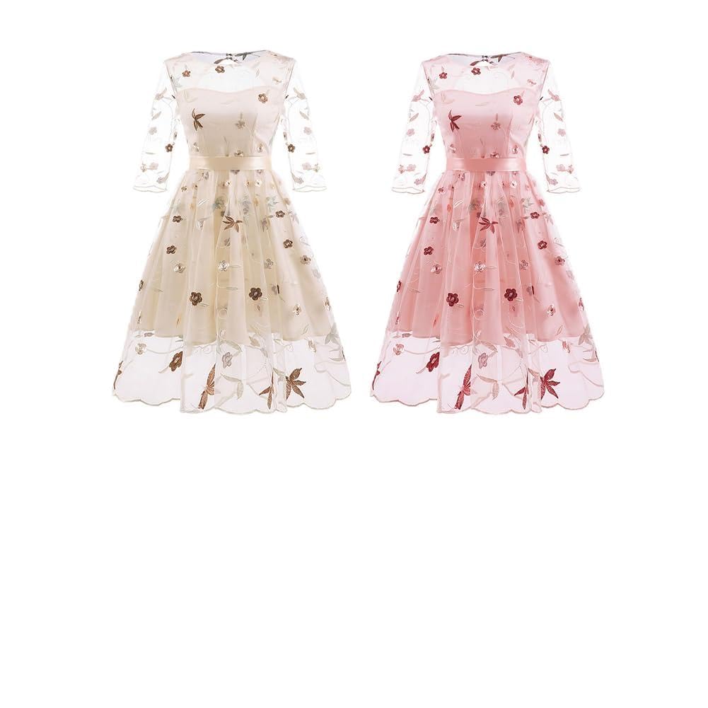 EFOGEP Women Flower Dress 3/4 Sleeve 1950s Vintage Embroidery Dress Wedding Guest Party Tunic Swing Formal Tulle Dress