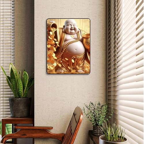 Image of SAF Laughing Buddha Wall Art for Wealth and Abundance | Sparkle Laminated Black Frame Feng Shui Painting for Office and Home Decor | Golden Coin Flow 3D Art Frame (14 Inch x 11 Inch) K-36120