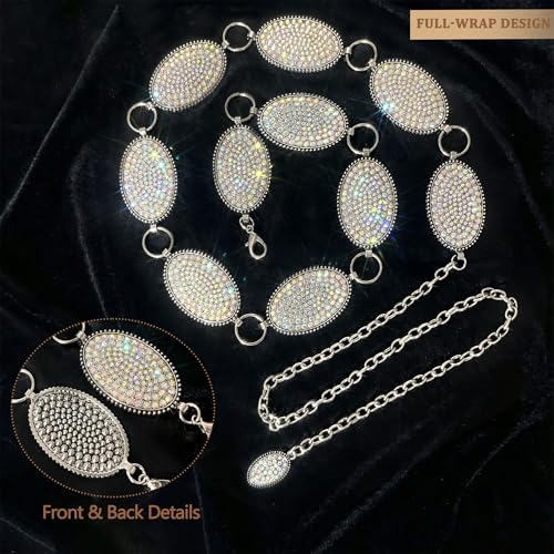 Image of Rhinestone Concho Belt for Women, Western Cowgirl Crystal Chain Belt for Country Concert Party Outfit