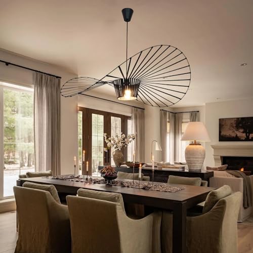 Image of Modern Black Woven Chandelier, 39.37 inch Farmhouse Coastal Hat Pendant Light Fixtures Matte Black Handwoven Shade Boho Pendant Hanging Lamp for Kitchen Dining Room Bedroom Foyer Hallway