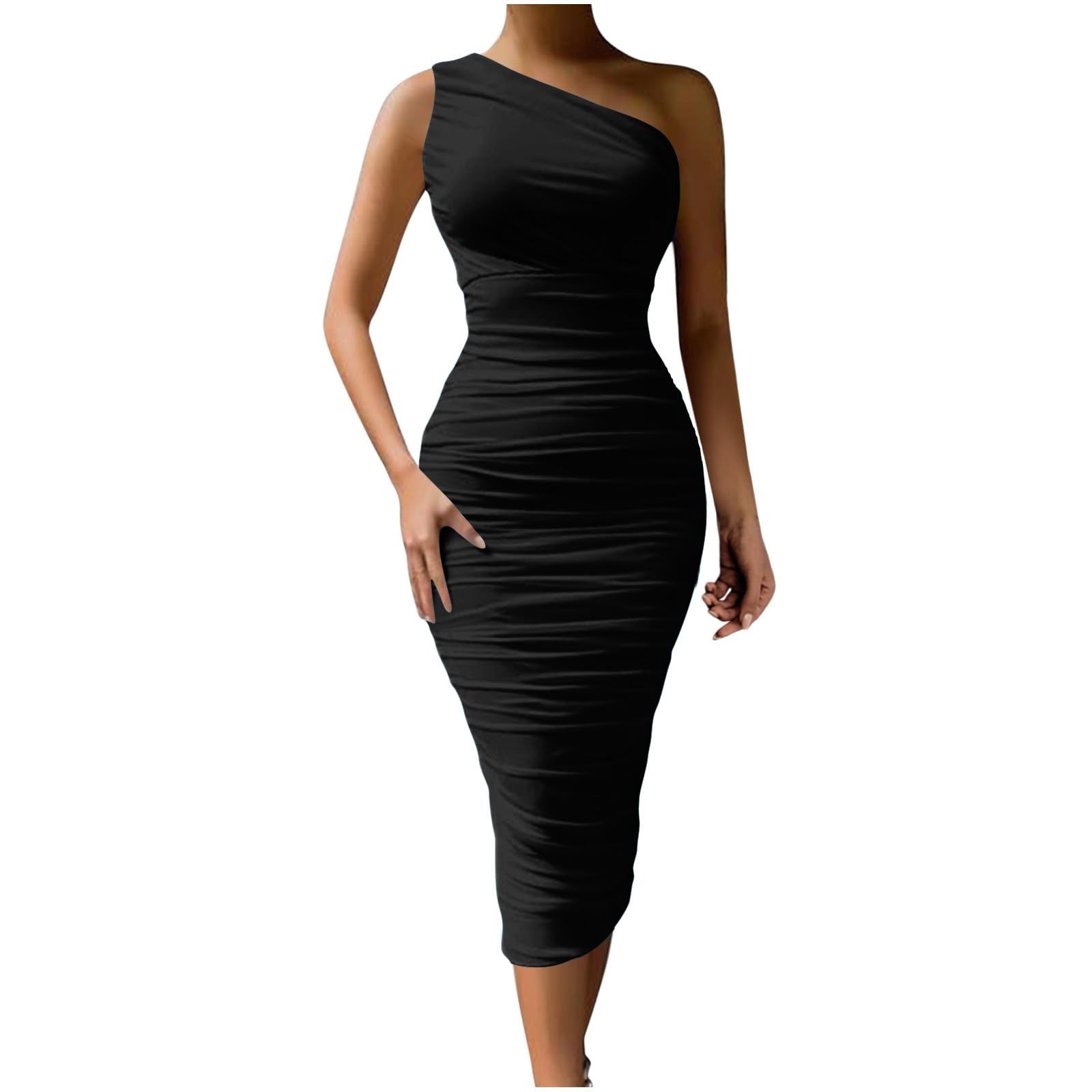 Women Sexy Midi Dress Bodycon Casual Sleeveless Basic Dresses Ruched One Shoulder Slim Trendy Club Party Dresses
