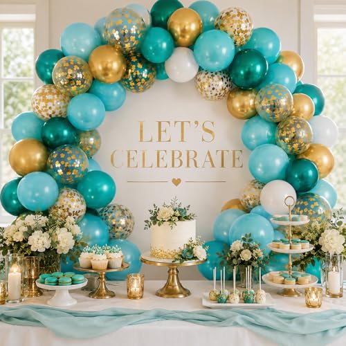 Image of Teal and Gold Balloons, 60PCS Gold Turquoise Balloons Set, 12 Inch Metallic Green Gold Confetti Balloon Teal Blue White Latex Balloon for Wedding Birthday Baby Shower Summer Party Decor
