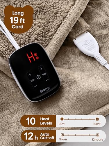Image of Bearhug Electric Blanket Full Size, 90F-108F Fast Heating Throw with 10 Heat Levels & 1-12H Auto Shut-Off, Machine Washable Soft Velvet and Sherpa Heated Blanket for Bed or Couch, Taupe