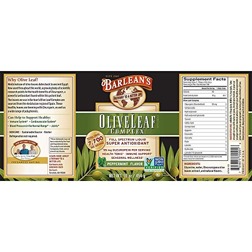 Barlean's Peppermint Olive Leaf Complex Supplement With 95 Mg Oleuropein - Non-Gmo, Sustainably Sourced, Kosher – 16 Oz… #TOP1
