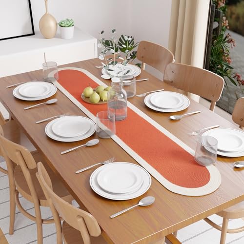 Image of Encasa XO Table Runner for 4 Seater | Handmade Ribbed Style Cotton | 30x137 cm | Coral & Off White | for Dining & Center Table