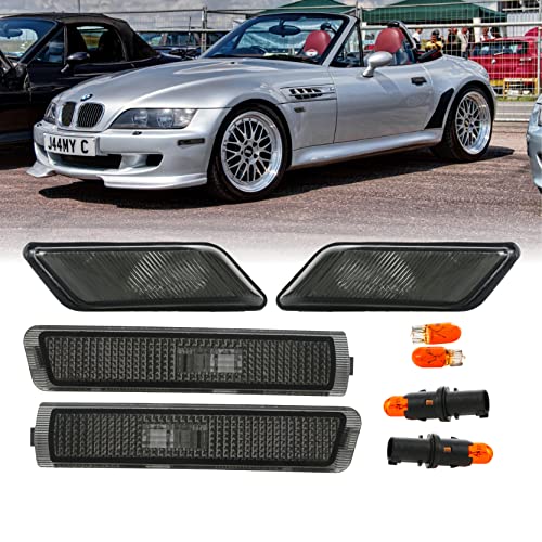 USR Z3 Side Marker Lights - COMBO Smoke Lens Front Bumper Sidemarkers + Fender Sidemarker Lamps Set Compatible with 1996-2002 BMW Z3 M Roadster/M Coupe (Smoked 4 Piece w/ 2 Bulbs + Socket Included)