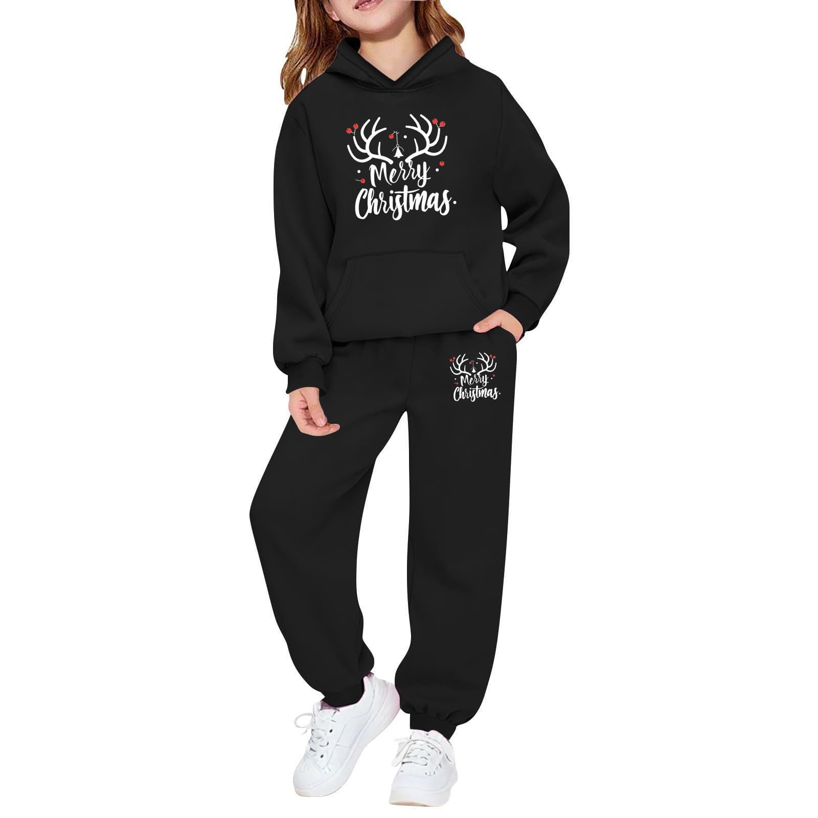Generisch Weihnachts Jogginganzug Kinder Weihnachtskostüm mit Weihnachten Briefe Drucken Trainingsanzug 2 Teilige Hoodie und Jogginghose Tracksuit Warm Freizeitanzug Weich Jogginganzüge