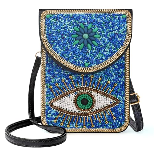 Image of Small Beaded Crossbody Bag for Women, Boho Cell Phone Shoulder Purse Wallet with Handcrafted Colorful Beads