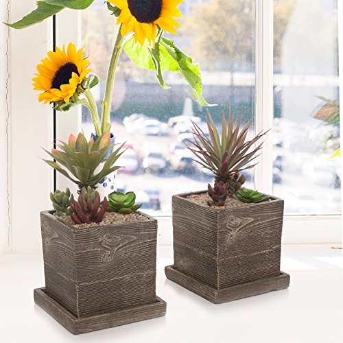Mygift 5 X 5 Inch Brown Wood Textured Cement Planters Flower Pots With Removable Saucers, Set Of 2 #TOP2