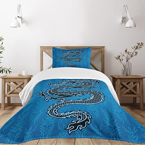 Ambesonne Japanese Dragon Bedspread, Black Dragon on Blue Tribal Background Year of The Dragon Themed Art, Decorative Quilted 2 Piece Coverlet Set with Pillow Sham, Twin Size, White Black