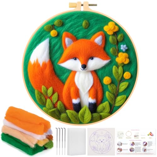 JSRQT Filzen Nadelfilzset DIY Filz Set mit Fuchs Muster Filzset Nadelfilz für Erwachsene Filzset für Anfänger Filzwolle Nadelfilzen Filznadel Basteln Wollfilz Punch Needle Set Kreatives Bastelset
