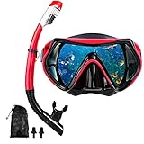 Snorkeling Gear for Adults, Dry Snorkel Mask Set, Scuba Diving Snorkle mask Set Adult, Panoramic Wide View Anti-Fog Dive mask, Swimming Diving Snorkeling Packages (RED)