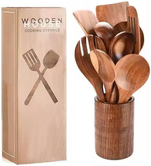 OAKSTONE™ Premium Wooden Cooking Utensils – 10-Piece with Holder, Mixing Spoon, Strainer, Salad Fork, Spatula, Fried Spatula, Soup Ladle, Serving Spoon and more