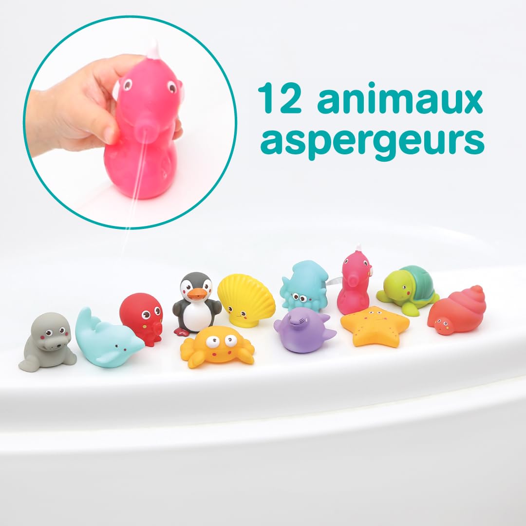 LUDI - 12 Animaux Marins en Plastique pour Jouer dans Le Bain. Dès 6 Mois. Animaux arroseurs rigolos. Sac de Rangement Inclus. Jouet à emmener à la Plage - Aspergeurs 12 Mers - réf. 2174