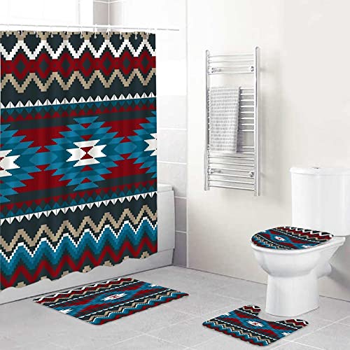 4 Pcs Shower Curtain Sets With Rugs Aztec Southwestern Native American Tribal Ethnic Geometric Navajo Vintage Southwest Retro Durable Shower Curtain Sets With 12 Hooks Shower Curtain For Bathroom Set #TOP1