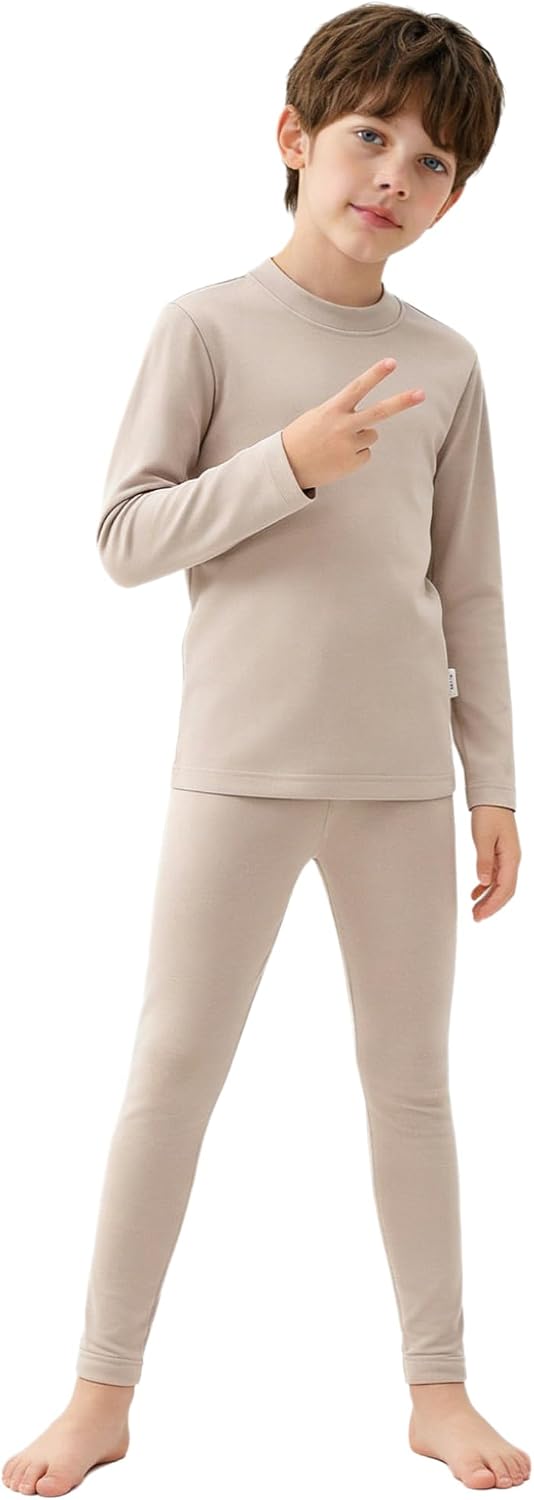 Kids Fleece Lined Thermal Set Long Sleeve Base Layer Top & Leggings for Cold Weather Khaki 7-8 Years