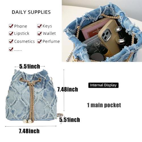 Image of Small Denim Bucket Bag, Jean Purses for Women Denim Crossbody Bags Hobo Bag Drawstring Handbag