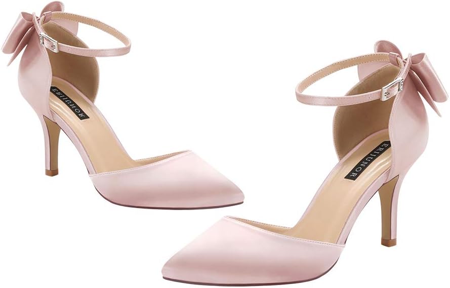 ERIJUNOR Wedding Evening Party Shoes Comfortable Mid Heels Pumps with Bow Knot Ankle Strap Wide Width Satin Shoes - Image 5