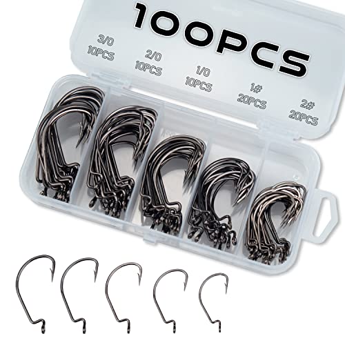 Piscorush Offset Worm Jig Hooks Bass Fishing Hooks 3X-Strong High Carbon Steel Worm Hooks Soft Lure Baits Jigging Fish Hooks Bass Trout (Set A - 2# 1# 1/0 2/0 3/0 100Pcs)