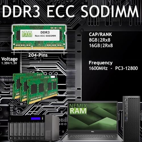 Image of NEMIX RAM 16GB (2X8GB) DDR3 1600MHZ PC3-12800 2Rx8 1.35V 204-PIN Non-ECC SODIMM KIT Compatible with Synology Rackstation Diskstation RAM1600DDR3L-8GB NAS Memory