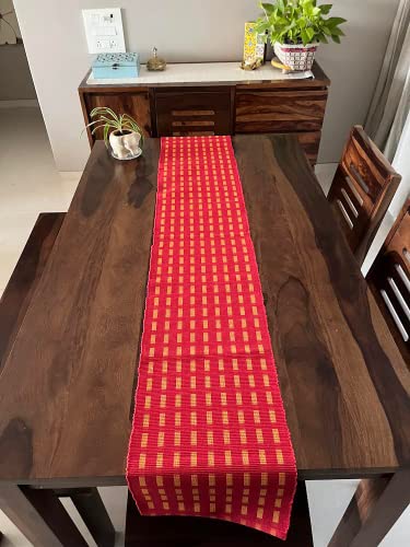 Image of Rangbhar Handloom Ribbed Cotton Table Runner for Living /Dining Room /Home Decor, Anti Skid, Reversible, Machine Washable, 12 X 72 inches, Striped, Red