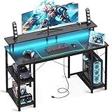 ODK 48 inch Computer Desk with Power Outlets & LED Lights, Gaming Desk with Monitor Stand & Storage Sheves, Home Office Desk, Carbon Fiber Black