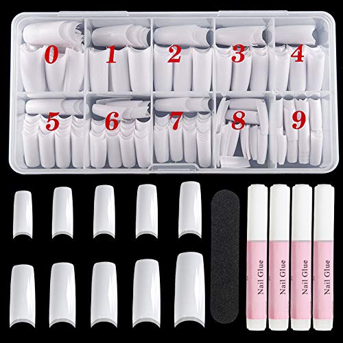 AFSTEE 500pcs Acrylic Nail Tips, Half Cover Nail Tips for Acrylic Nails for Nail Salons and DIY Nail Art, 10 Sizes False Nail Tips with 4 Nail Glues,1 Nail File(Natural Color)