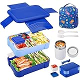Bento Box Fiambrera para Niños Adultos, Kit Almuerzo 1550 ml Loncheras con 6 Compartment Apilable, Termo para Sopa, Bolsa...