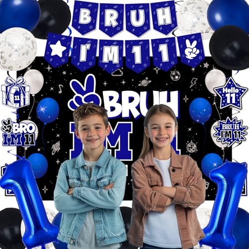 Image of 11th Birthday Decorations for Boys and Girls, Blue and Black Happy 11th Birthday Party Decorations, Bruh I'm 11 Backdrop, Foil Balloons 11, Banner, Balloons, Hanging Swirls, Birthday Card Set 41pcs