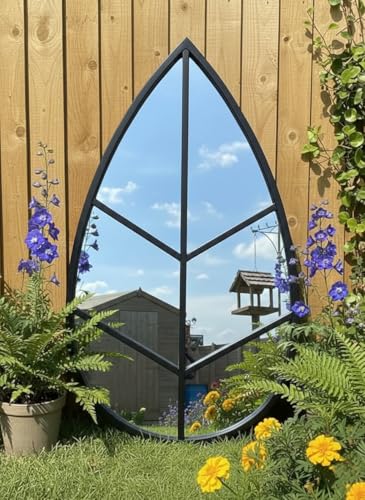 Image of Biznest Decorative Leaf Surface Shape Garden Mirror Plastic Framed Indoor/Outdoor Wall Hanging Patio Style Geometric Pattern 76 X 42.5 X 1.8 Cm (BLACK)