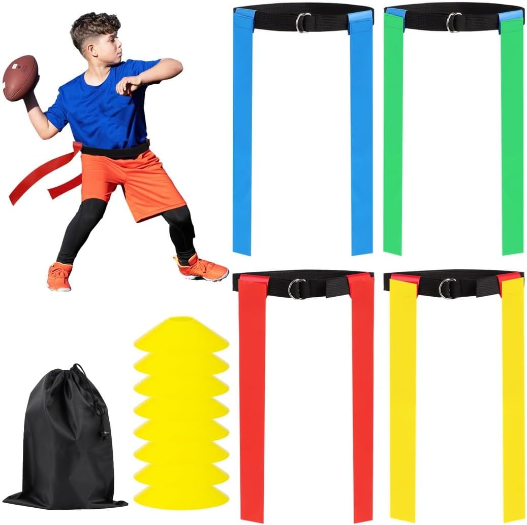 For 14 Player Play, Football Flag Set, Football Belts And Flags Kit, Including 56 Football Flags, 14 Belts, 8 Cones, Flag Football Complete Kit