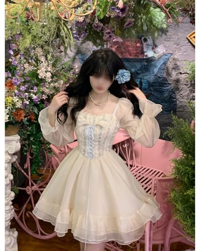 Sweet High Waist Casual Ruffle Long Sleeve Floral Dress Lace Bow Pleated Swing Hem Cute Dresses Princess Party Dress2