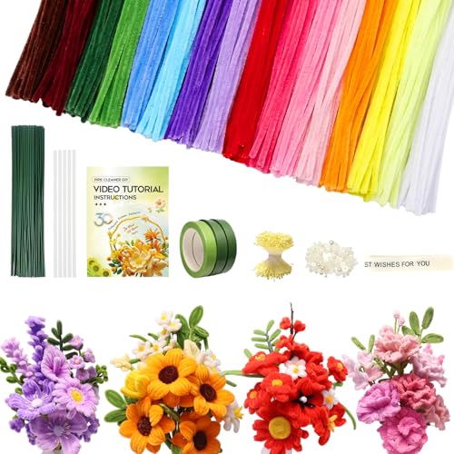 660 PCS Pipe Cleaner Flower Kit 16 Colors Thick Chenille Stems Pipe Cleaner Bulk Pipe Cleaners Craft Supplies with Viedo Instruction Floral Wires Tape Stamen Ribbon for DIY Art & Flower Making