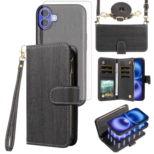 Coque portefeuille iPhone 16 amovible avec verre trempé et fermeture éclair