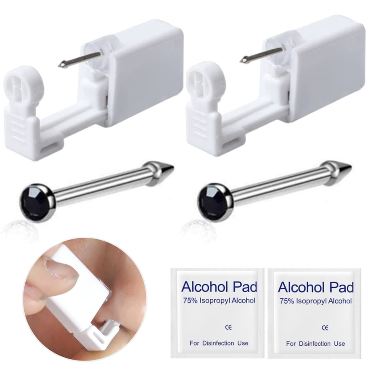 2 Pack Disposable Sterile Nose Piercing Kit Tool with Stud Painless Self Ear Nose Piercing Gun Tool for Piercing Kit, Piercing Tool and Piercing Supplies (Black)