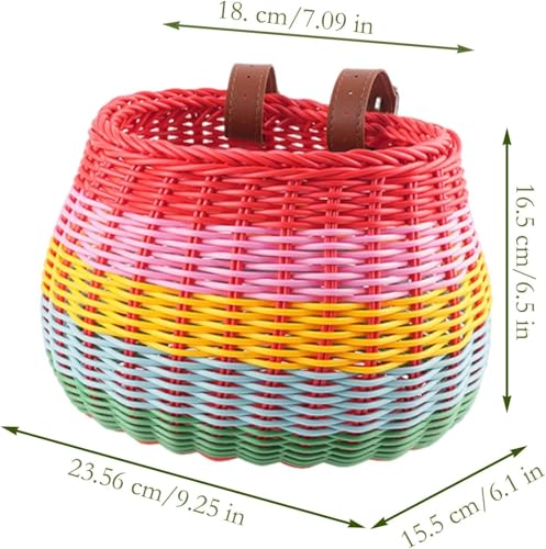 Yeehliny Fahrradkorb Kinder, Fahrradkorb Geflochten für Mädchen und Kinder vorne, Laufradkorb Lenkerkorb Lenkerkörbchen Körbchen für Fahrrad aus Kunststoff, mit Lederriemen (Stil B/23.5cm/Bunt)