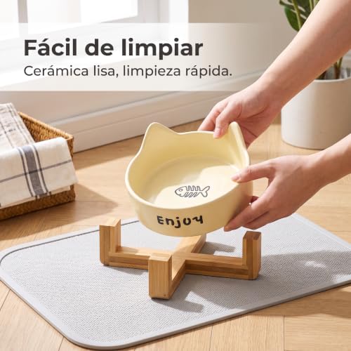 Cuenco de cerámica con orejas de gato y soporte ergonómico de madera maciza 6