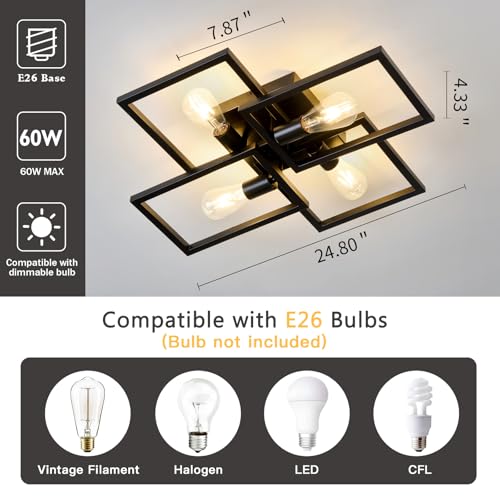 Image of ASGYISA Black Industrial Semi Flush Mount Ceiling Light Kitchen Light Fixtures 4-Light Modern Large Matte Sputnik Chandelier for Dining Room Bedroom Farmhouse Living Room
