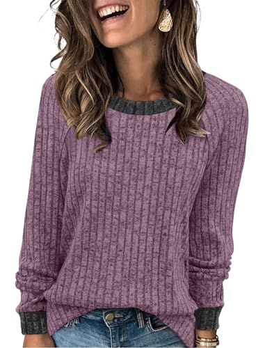 WIHOLL Long Sleeve Shirts for Women Crewneck Color Block Casual Outfits Womens Fall Tops Loose Fit Lightweight Sweaters Tunic Fashion 2025 2026 Clothes Soft Purple XL