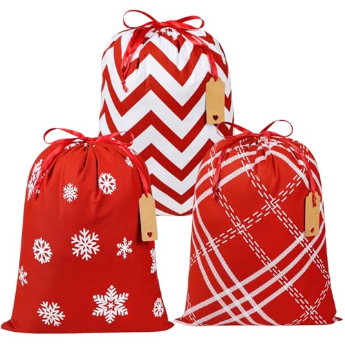 Shintop Cotton Christmas Gift Bags Drawstring 3pcs 20x16inch Reusable Fabric Wrapping Sacks Cloth Holiday Pouches with Tags for Odd Shaped Presents