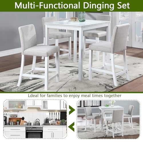 Image of KEIKI 5-Piece Counter Height Dining Table Set with Square Table and 4 Upholstered Chair, for 4 Person, Modern Style Crystal Decoration Wooden Table Set, Easy Assembly, for Kitchen, Dining Room,White