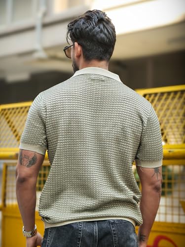 Image of Maniac Mens Grid Textured Green & Beige Polo Neck Half Sleeve Cotton Tshirt