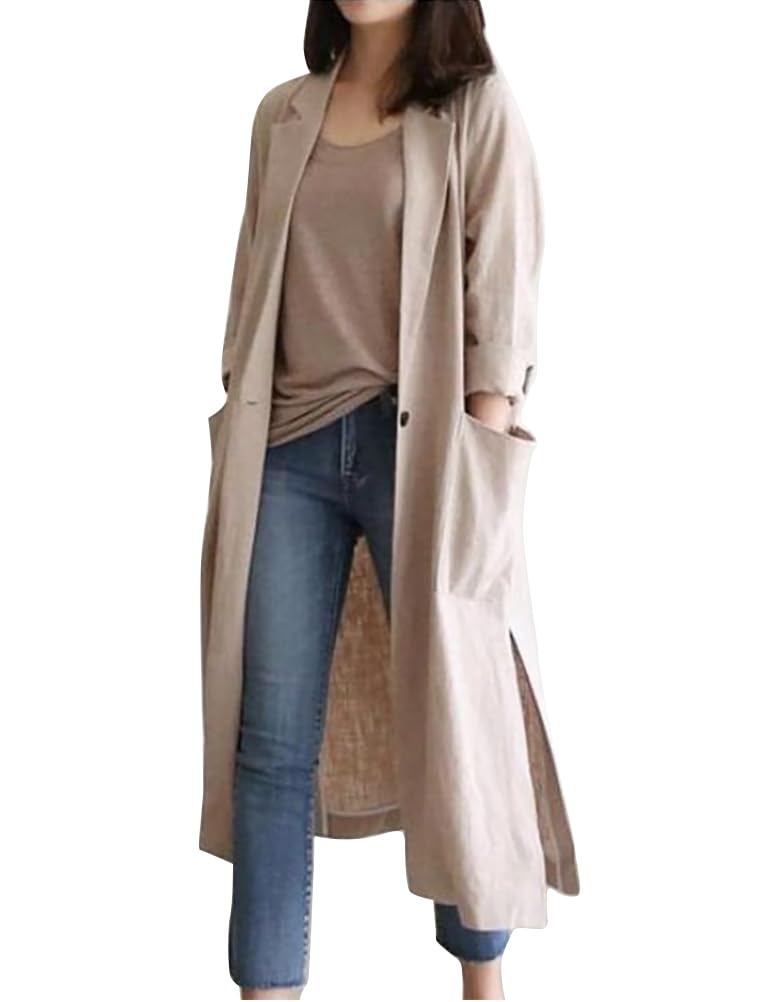 IDEALSANXUNWomens Long Cotton Linen Blazer Casual Spring Jackets Trench Coat