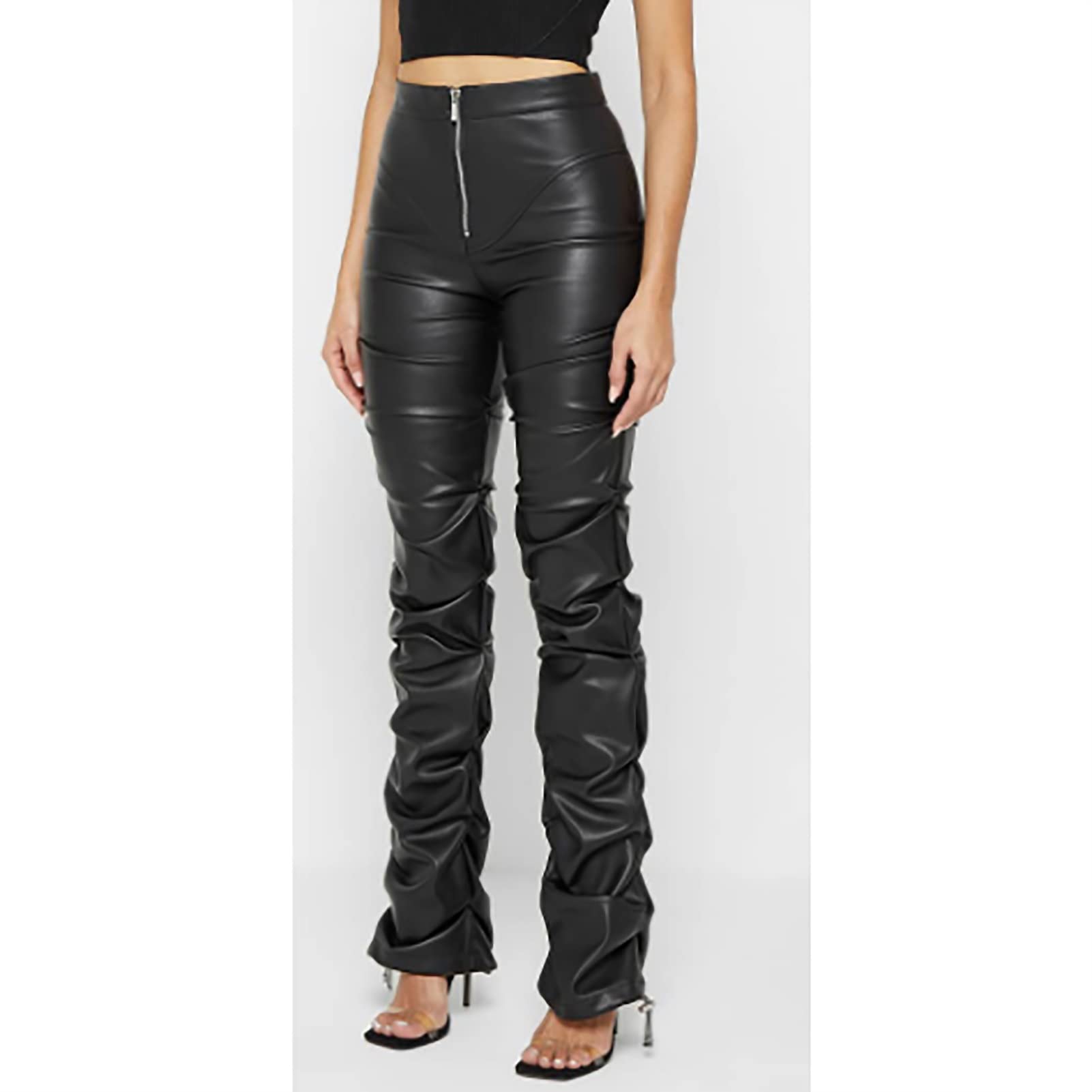 Leggings da donna in ecopelle con tasca, taglie forti, per ragazze, vita alta, pantaloni tubolari, nero, L