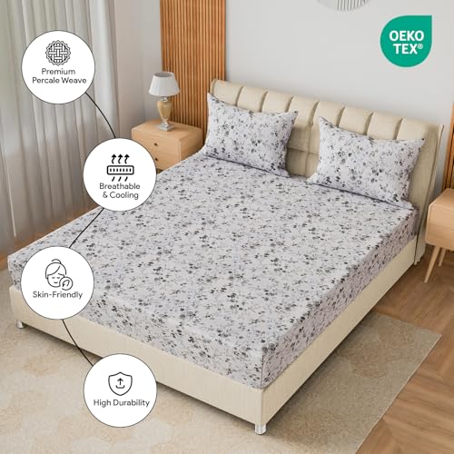 Image of LINENWALAS 100% Cotton 200 TC Single Fitted Sheet with Pillow Cover | 360 Elastic Bedsheet with 4-8 inch Deep Pocket - Soft Breathable Bedding (36x78 inch, Smoky Florals)
