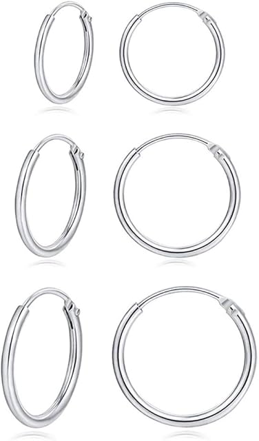 Deyanse Silver Hoops Earrings for Women & Men, 3 Pairs 925 Sterling Silver Unisex Hoop Earrings Set, Allergy Free Small Sleeper Cartilage Nose Lip Rings for Boys Girls, Size: 10, 12, 14mm