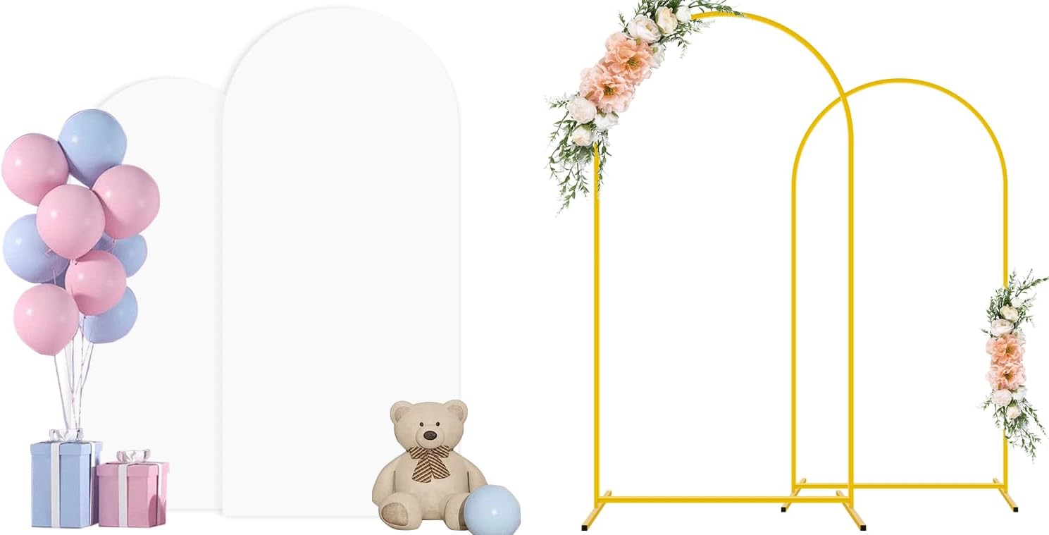 Metal Arch Stand Spandex Arch Backdrop Cover Set of 2 (6FT, 7.2FT) Party Backdrop Arch White Wedding Arch Backdrop Stand with Cover Gold Arch Frame Stand for Arch Cover Wedding Ceremony Decor